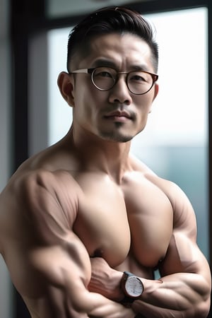 Asian man,handsome ,thick stubble ,round glasses,middle age , muscle, topless ,upper body 