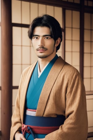 professional photography, highly detailed , perfect composition, natural lighting, handsome ,asina man,  realistic ,stubble ,traditional Japanese clothing ,