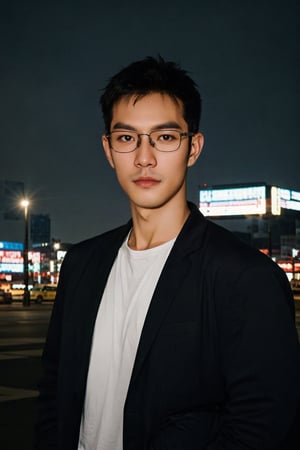 professional photography, RAW photo, HDR, UHD, 64K, perfect composition, natural lighting, handsome ,asina man,  realistic ,glasses ,stubble , Asian man,flash,flashlight, cityscape