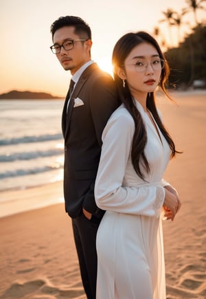 Asian man with glasses and stubble,wearing suit,a beautiful girl wearing white dress , hug,looking at me,with the background of beach and sunset