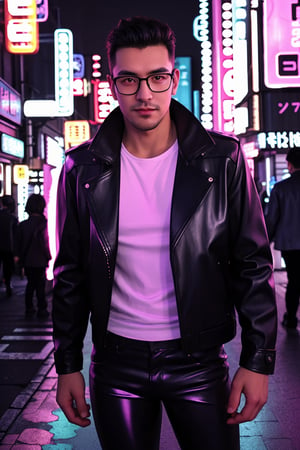 professional photography, RAW photo, HDR, UHD, 64K, perfect composition, natural lighting, handsome ,asina man,  realistic ,glasses ,stubble standing in crown, cyberpunk, cyber city , neon light ,glowing, Tokyo street, wearing glowing jacket and tight leather pants 