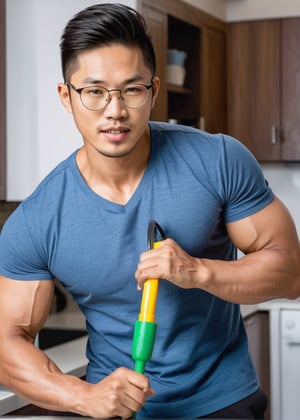 A handsome young Asian man with muscles, stubble, and round metal glasses , doing house work 