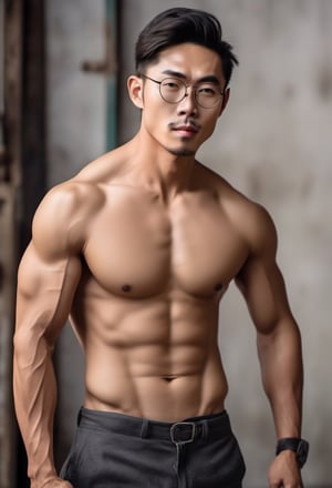 A handsome young Asian man with muscle, a little  facial hair , and round metal glasses , narrow face,topless,oil hair,full body 