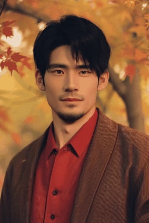 Asian man , handsome , traditional japanese clothes , maple_leaf falling, autumn , highly detailed , high_resolution , realistic