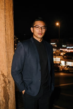 professional photography, RAW photo, HDR, UHD, 64K, perfect composition, natural lighting, handsome ,asina man,  realistic ,glasses ,stubble , Asian man,flash,flashlight, cityscape, handsome , 