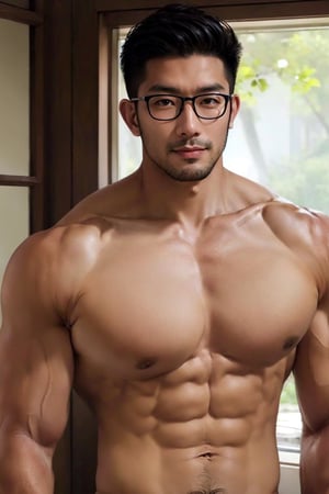 Asian man, handsome , glasses ,stubble , summer , muscle, photorealistic , upper_body, bedroom