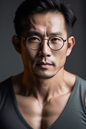 Asian man,handsome ,thick stubble ,round metal glasses,middle age , muscle