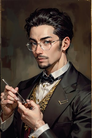 Asian man, handsome, stubble  , upper_body  , classical glasses, classical wearing , oil painting 