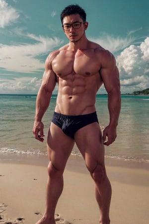 Asian man, handsome, glasses, stubble, muscle, full_body, brief, beach