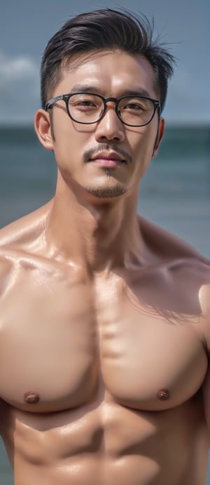 Asian man ,glasses , stubble, realistic, highly detailed, HDR, 4k quality, natural, full body , muscle, topless, swimbrief