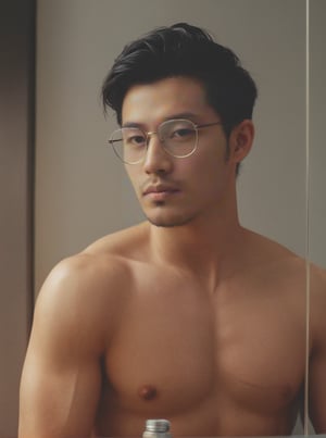a statuesque asia man ,stands tall, his muscular physique glistening with petroleum oil that accentuates every contour,striking eyes,   glasses, lock at camera, full healthy lips , Stubble, black hair,white skin, dynamic pose that seems to defy gravity,perfect split lighting,perfect proportions face ,asian man,Muscle