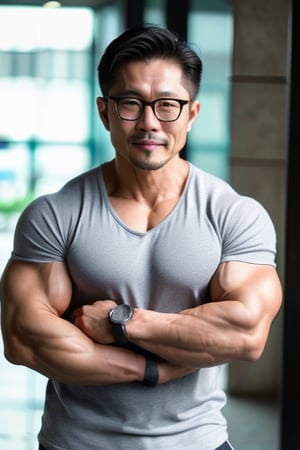 Asian man,handsome ,thick stubble ,glasses,middle age , muscle