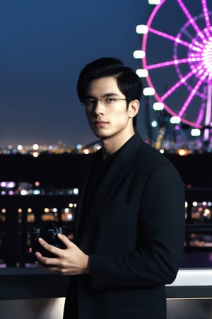 professional photography, RAW photo, HDR, UHD, 64K, perfect composition, natural lighting, handsome ,asina man,  realistic ,glasses ,stubble , Asian man,flash,flashlight, cityscape,Ferris wheel ,amusement park,night