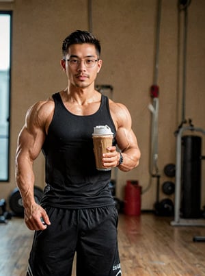 a statuesque asia man ,stands tall, his muscular physique glistening with petroleum oil that accentuates every contour,striking eyes,   glasses, lock at camera, full healthy lips , Stubble, black hair, gym_clothes, holding 
Protein shake, dynamic pose that seems to defy gravity,perfect split lighting,perfect proportions face , blurred gym backdrop , a little muscle,asian man