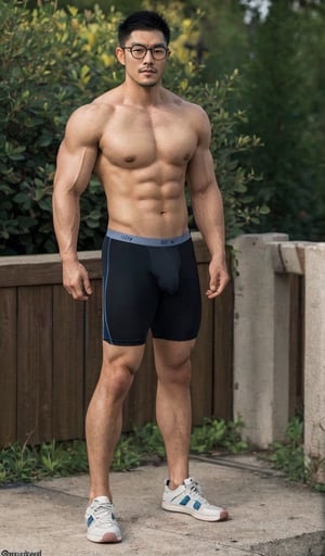 Asian man, handsome , glasses ,stubble  , muscle, photorealistic, underwear ,full_body ,strong legs ,big calf,big calves