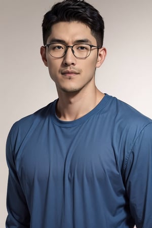 Asian man, handsome , glasses ,stubble  , muscle, photorealistic, smile