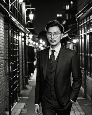 masterpiece realistic, best high quality, asian man,round metal glasses ,stubble,black suit, city alleyway background at night ,Old vintage photography 