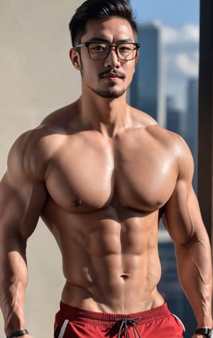 Asian man ,with glasses and stubble,large muscle ,full body , brief,looking at me, strong legs