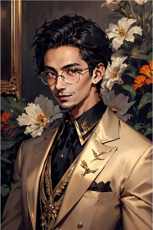 Asian man, handsome, stubble  , upper_body  , classical glasses, classical wearing , oil painting , formal clothing ,smile