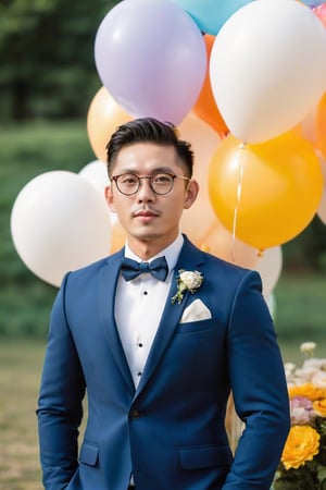Asian man , young , white skin , handsome , facial hair ,round glasses , realistic, big eyes , full body , muscle,suit, bridegroom , sunshine, light piercing, nature light , wedding , balloons, flowers