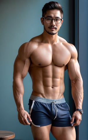 Asian man ,with glasses and stubble,large muscle ,full body , brief,looking at me, strong legs