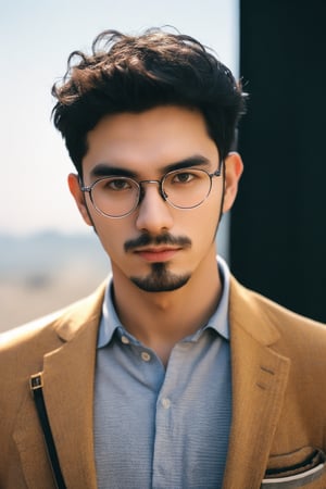 professional photography, HDR, UHD, 64K, perfect composition, natural lighting, handsome ,asina man,  realistic ,glasses ,stubble , stylish , 