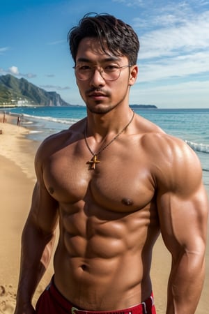 1 korea male,handsome,detailed face,stubble,bodybuilder,lifeguard ,beach,glasses,upper_body,necklace