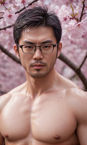 imagine the following scene

A beautiful, muscular japanese man with his body completely bathed in Petroleum.

The man has very beautiful eyes, with glasses,full and pink lips,stubble , sexy, 35yo.

wearing wafuku . The scene takes place in a blossom Sakura tree , dynamic pose. Intense and very serious look at the camera

Many details.,asian man
