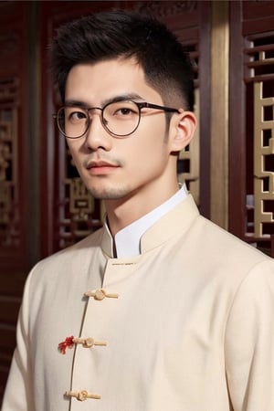 Asian man, handsome ,stubble ,photorealistic, headshot,young , charming ,round glasses, Chinese tunic suit ,Chinese style 