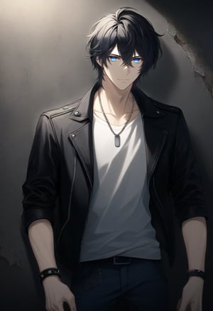 1man, mature male, tall male, solo, male focus, best quality, amazing quality, best aesthetic, absurdres, year 2023, ikemen, CG Illustration, toned male, short hair, hair between eyes, disheveled hair, bangs, black hair, blue eyes, muscular male, shiny hair, shiny eyes, 22 years old man, modern, contemporary, punk, rebel, seedy bar, decrepit wall, torn wallpaper, smoke, dark, dim light, torn jeans, white undershirt, open jacket, leather jacket, sleeves rolled up, studded bracelets, dog tags,  
