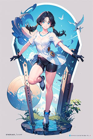 masterpiece, best quality, highres, videl2, solo, full_body, standing on a circular pedestal, blue eyes, black hair, twintails, black gloves, bike_shorts, bangs, white shirt, badge, medium breasts, smile, looking at viewer, anime concept art, detailed eyes, detailed face, flying pose,