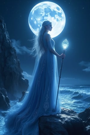 A digital fantasy artwork showcasing a regal woman standing tall on a cliff, overlooking a mystical ocean. The woman has porcelain skin, with long, flowing silver hair cascading down her back. She is adorned in an elegant, deep blue gown with intricate silver embroidery, blending seamlessly with the night sky behind her. She holds a glowing, crystalline staff in her hand, radiating a soft, ethereal light. The scene is illuminated by a large full moon, casting shimmering reflections on the water below. Her expression is calm and resolute. The background features a dark, star-filled sky, with subtle, swirling clouds and distant glowing stars, creating an enchanting, otherworldly atmosphere. Concept art, cgsociety contest winner, hd, 4k, 8k, soft body, shadow play, light, atmospheric, cinematic, light film, hyper detailed, hyper realistic, masterful work, atmospheric, high resolution, 8k, HDR, 500px, mysterious and ornate digital art, photic, intricate, fantasy aesthetic + 8k,VNS_Add more details