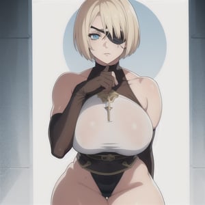 (Perfect body), Best Quality, ((Short Hair)), (blonde hair), blue eyes, face scars, ((body scars)), ((thick thighs)),  good fingers,  good hands, best eyes, round pupil, female_solo, ((tired)), glare, (((left eyepatch)))