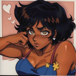 (Perfect body), Best Quality, (blush), (short hair), Dark Skin,  ((thick thighs)),  Tomboy,  shy,  freckles,  black hair,  brown eyes,  tan skin, veronica,  cover,  good fingers,  good hands, best eyes, round pupil, retro,1990s \(style\),1980s \(style\), yellow dress, hearts, nervous, boots