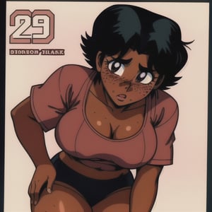 (Perfect body), Best Quality, (((blush))), (short hair), Dark Skin,  ((thick thighs)),  Tomboy,  shy,  freckles,  black hair,  brown eyes,  tan skin, veronica,  cover,  good fingers,  good hands, best eyes, round pupil, retro,1990s \(style\),1980s \(style\), pov, kiss