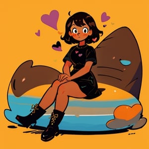 (Perfect body), Best Quality, (blush), (short hair), Dark Skin,  ((thick thighs)),  Tomboy,  shy,  freckles,  black hair,  brown eyes,  tan skin, veronica,  cover,  good fingers,  good hands, best eyes, round pupil, hearts, nervous, sitting,yellow dress, boots, retro,FrankieFoster