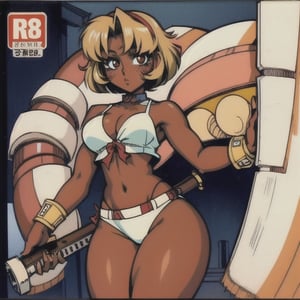 (Perfect body), Best Quality, (blush), pixie cut, (short hair), Dark Skin, gyaru, ((thick thighs)), Tomboy, blonde hair, brown eyes, tan skin, veronica, cover, good fingers, good hands, five fingers, best eyes, round pupil, retro,1990s (style), shrine maiden, musket