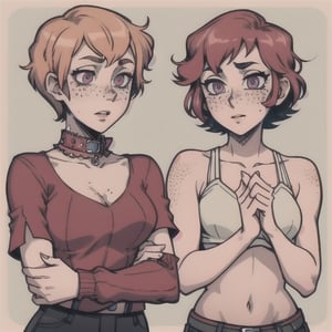 (Perfect body), Best Quality, (blush), (Short Hair), (Pixie Cut), Peach Skin, (skinny), flat chest, (freckles), Tomboy, strawberry blonde hair, magenta eyes, veronica, cover, good fingers, good hands, five fingers, best eyes, round pupil,veronica, punk rock