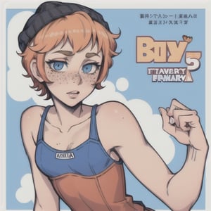 (Perfect body), Best Quality, (blush), (Short Hair), (Pixie Cut), Peach Skin, (skinny), flat chest, (freckles), Tomboy, strawberry blonde hair, blue eyes, veronica, cover, good fingers, good hands, five fingers, best eyes, round pupil,veronica, beanie, skater, skate park