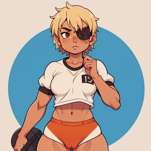 (Perfect body), Best Quality, ((Short Hair)), ((tan skin)), (blonde hair), asian, brown eyes, face scars, ((body scars)), ((thick thighs)),  good fingers,  good hands, best eyes, round pupil, female_solo, ((tired)), glare, (((left eyepatch))),  gym uniform