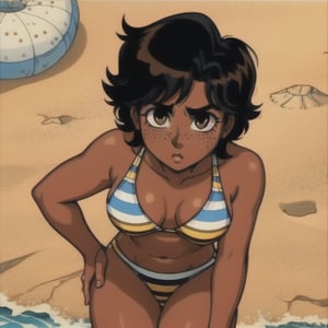 (Perfect body), Best Quality, (blush), (short hair), Dark Skin,  ((thick thighs)),  Tomboy,  shy,  freckles,  black hair,  brown eyes,  tan skin, veronica,  cover,  good fingers,  good hands, best eyes, round pupil, retro,1990s \(style\),1980s \(style\), beach, yellow striped bikini, water, sand