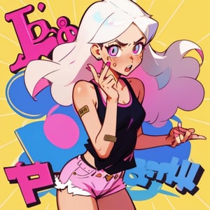 (Perfect body), Best Quality, (blush), (Fluffy Hair), light Skin, (skinny), flat chest, shy, white hair, anger, bandaid, tomboy, magenta eyes, veronica, cover, good fingers, good hands, five fingers, best eyes, round pupil,veronica, tank top, shorts