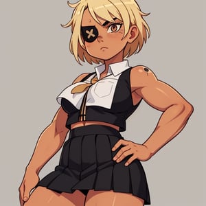 (Perfect body), Best Quality, ((Short Hair)), ((tan skin)), (blonde hair), brown eyes, face scars, ((body scars)), ((thick thighs)),  good fingers,  good hands, best eyes, round pupil, female_solo, ((tired)), glare, (((left eyepatch))),  sukeban, black school uniform, black long skirt