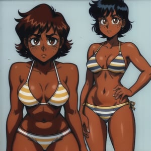 (Perfect body), Best Quality, (blush), (short hair), Dark Skin,  ((thick thighs)),  Tomboy,  shy,  freckles,  black hair,  brown eyes,  tan skin, veronica,  cover,  good fingers,  good hands, best eyes, round pupil, retro,1990s \(style\),1980s \(style\), underwater, yellow striped bikini, curious