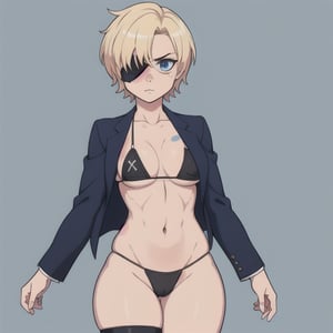 (Perfect body), Best Quality, ((Short Hair)), (blonde hair), blue eyes, face scars, ((body scars)), ((thick thighs)),  good fingers,  good hands, best eyes, round pupil, female_solo, ((tired)), glare, (((left eyepatch))), bikini, blazer, 