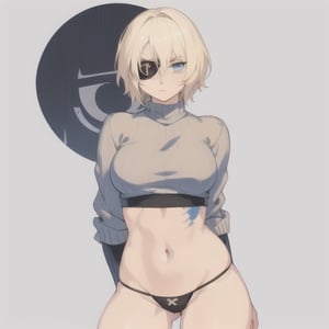 (Perfect body), Best Quality, ((Short Hair)), (blonde hair), blue eyes, face scars, ((body scars)), ((thick thighs)),  good fingers,  good hands, best eyes, round pupil, female_solo, ((tired)), glare, (((left eyepatch))), sweater, panties