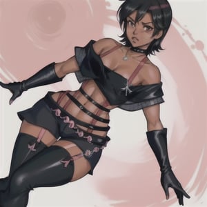 (Perfect body), Best Quality, (((Blush))), (((Dark Skin))), (Short Hair),  ((thick thighs)), shy, black hair,  brown eyes, freckles,  cover,  good fingers,  good hands, best eyes, round pupil,veronica,paine,choker, necklace, crop top, off-shoulder,elbow gloves, suspenders,black shorts, thighhighs, boots, pose