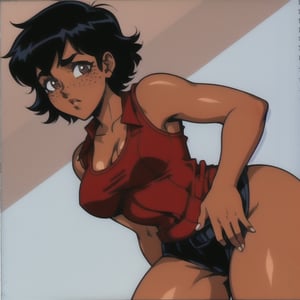 (Perfect body), Best Quality, (blush), pixie cut, (short hair), Dark Skin, ((thick thighs)), Tomboy, freckles, black hair, brown eyes, tan skin, veronica, cover, good fingers, good hands, five fingers, best eyes, round pupil, retro,veronica,1990s (style), god eater