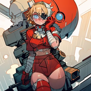 (Perfect body), Best Quality, ((Short Hair)), (blonde hair), blue eyes, eyepatch over left eye, face scars, body scars, ((thick thighs)),  good fingers,  good hands, best eyes, round pupil, female_solo, red gloves, bandages, mecha