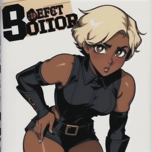 (Perfect body), Best Quality, (blush), pixie cut, (short hair), Dark Skin, ((thick thighs)), Tomboy, blonde hair, brown eyes, tan skin, veronica, cover, good fingers, good hands, five fingers, best eyes, round pupil, retro,veronica,1990s (style), god eater